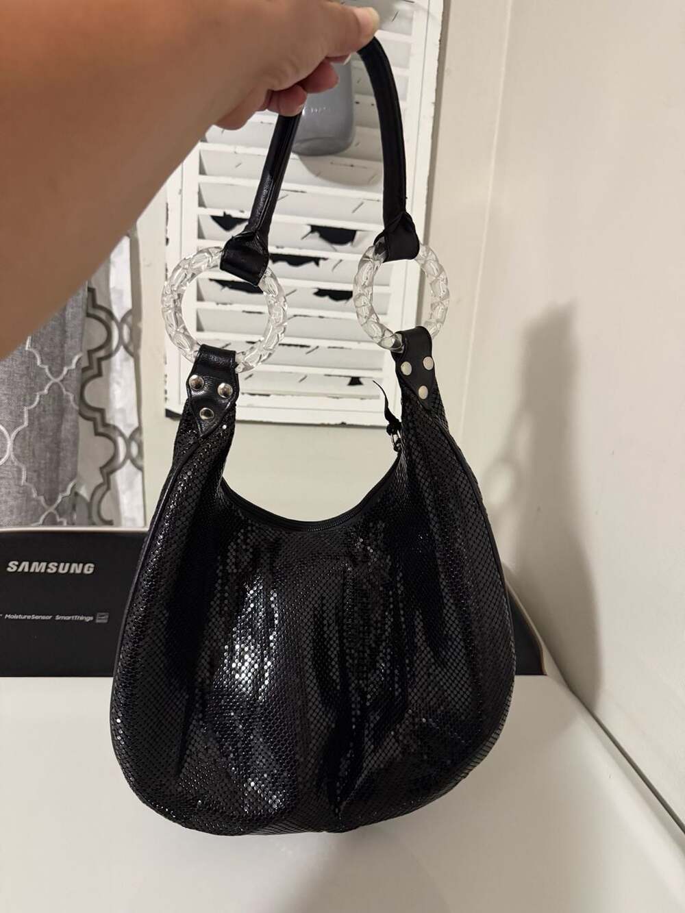 Whiting & Davis Black Mesh Hobo Bag with Crystal Ring Handles